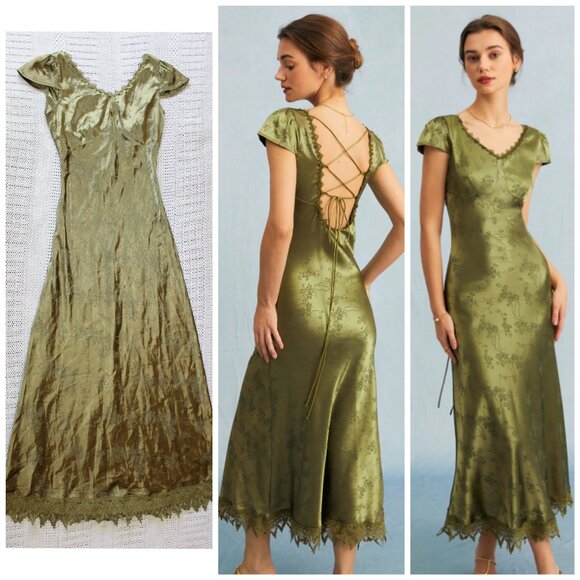 Rihoas The Green Jacquard Satin Midi Dress Cap Sleeves Size XS Floral Cross back - Picture 1 of 12